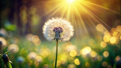 Poster - A single dandelion seed head glows in the warm sunlight, surrounded by a field of blurred dandelions and bokeh