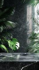 Poster - Fresh leaves of various tropical plants thrive in a contemporary room, where sunlight filters softly through large windows, blending nature with elegant decor