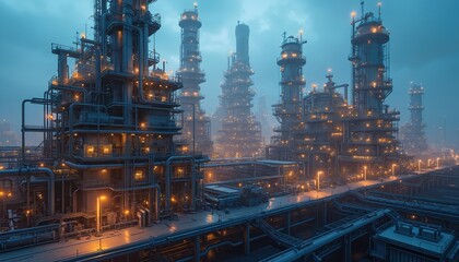Poster - Industrial facility with advanced tech at dusk. Manufacturing plant, modern infrastructure, pipes, machinery, digital overlay. Energy, power, innovation in construction, oil gas, chemical industry.