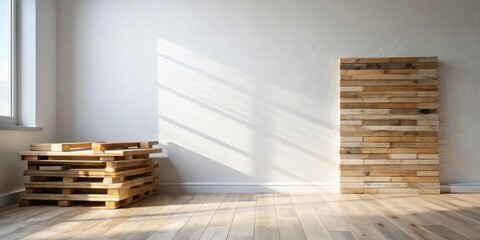 Poster - Empty room with stacked wooden pallets and a wooden wall accent