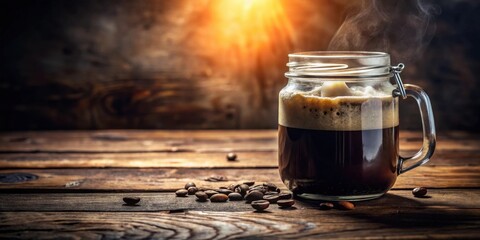 Aufkleber - Aromatic Brew in Rustic Setting Steaming Coffee in a Glass Jar on a Wooden Table