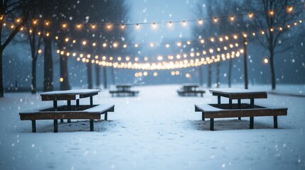 Aufkleber - Softly falling snow enhances the calm atmosphere of a city park, where benches are illuminated by string lights amidst a blanket of fresh snow