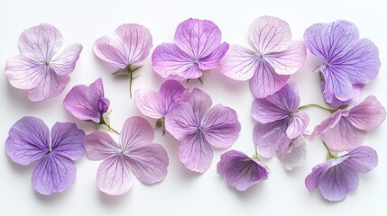 Poster - A collection of vibrant purple flowers, each petal displaying intricate veins, lies elegantly on a simple background. The colors vary from deep lavender to soft pastel, evoking a sense of tranquility