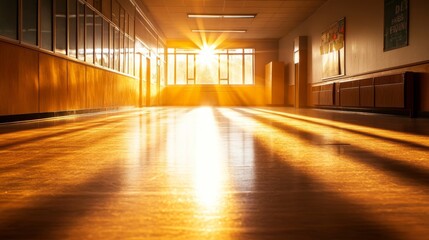 Poster - Golden afternoon light streams through windows, casting long shadows along the dusty floor of an abandoned hallway, evoking a serene and nostalgic ambiance