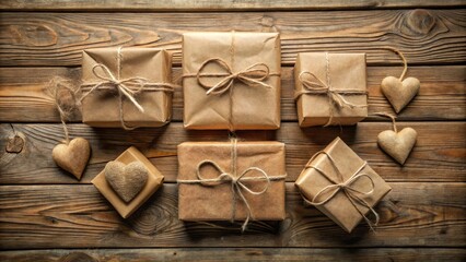 Poster - Rustic Wrapped Gifts and Decorative Hearts on Wooden Surface