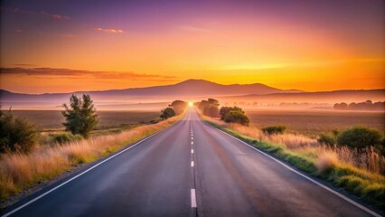 Aufkleber - Asphalt road leading towards a majestic sunrise over a hazy, tranquil landscape