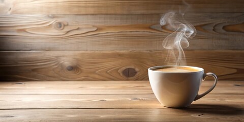 Poster - Aromatic Steam Rising from a Warm Cup of Coffee on Rustic Wood