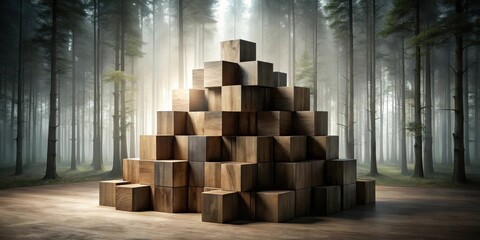 Poster - Wooden blocks pyramid structure in a misty forest scene