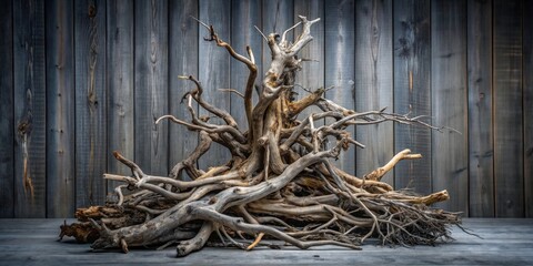 Aufkleber - Intricate Twisted Roots of a Weathered Tree Against a Rustic Wooden Background