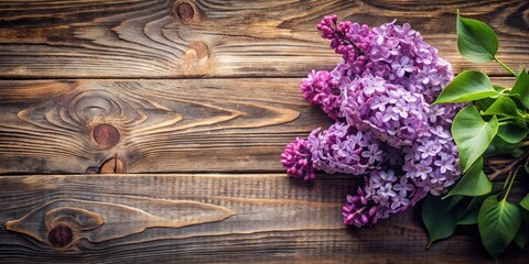 Poster - Rustic Wooden Background with a Delicate Bouquet of Spring Lilacs