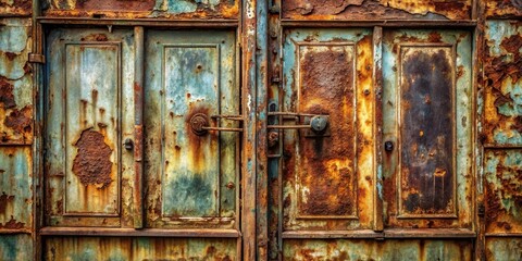 Poster - A heavily rusted, weathered metal gate with a locking mechanism, showing signs of age and decay