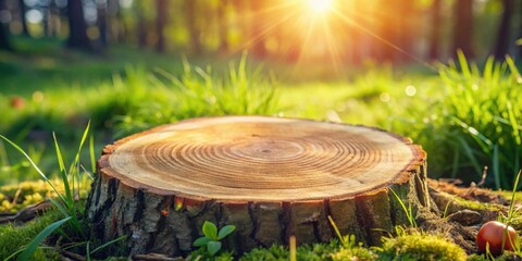 Poster - Serene Sunrise A sunlit tree stump in a lush green meadow, perfect for product display or nature-themed designs.