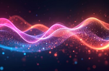 Leinwandbilder - Abstract digital artwork features colorful glowing light lines on black background. Illustration design with 3D rendering for tech and science concepts. Futuristic wavy wave effect energy background.