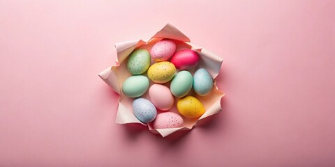 Aufkleber - Pastel-colored eggs nestled in a pink paper burst, a festive springtime scene