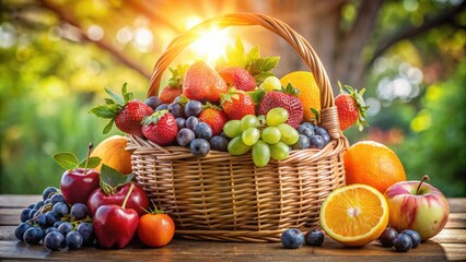 Poster - A wicker basket overflowing with a vibrant summer harvest of fresh fruit, including strawberries, grapes, blueberries, cherries, and oranges, sits on a wooden table against a sunlit natural backdrop.