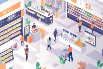 Aufkleber - Isometric supermarket scene with customers shopping and Instacart couriers at self-checkout counters in a bright modern setting Generative AI