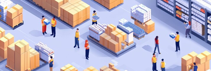 Leinwandbilder - Workers pack grocery orders in an isometric modern warehouse with stacked boxes and organized shelves Generative AI