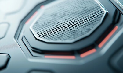 Poster - Detailed close-up of a futuristic metallic surface featuring a geometric honeycomb pattern and red lights.