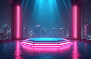 Poster - Futuristic cyberpunk scene features neon illuminated podium stage with pink, blue lights. Empty product display area for presentation. City skyline background creates urban tech vibe. Perfect digital