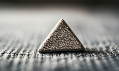 Poster - A small, silver metallic triangle rests on a textured gray surface, captured in a macro close-up.