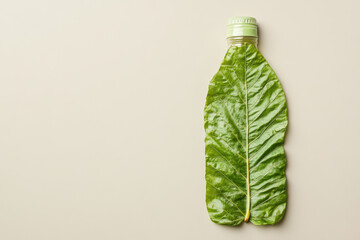 Wall Mural - over head flat lay view of a plastic bottle shape made from a leaves on a plain background