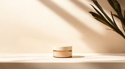 Aufkleber - Sleek porcelain jar with a translucent liquid rests on a clean surface, illuminated by natural light that accentuates its smooth texture and refined design