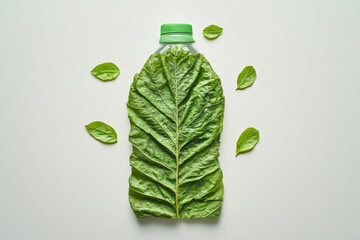Wall Mural - over head flat lay view of a plastic bottle shape made from a leaves on a plain background
