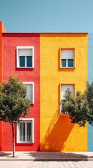 Poster - Bold hues of red, yellow, and blue adorn the walls of modern buildings, while lush green trees provide shade along the vibrant street basking in the midday sunlight