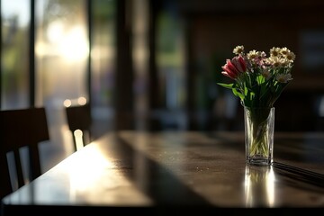 Leinwandbilder - A modern glass table showcases a crystal vase containing fresh tulips and daisies. The sunlit space casts soft shadows, creating a tranquil atmosphere