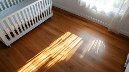 Leinwandbilder - Rows of empty white cribs fill a softly lit nursery where sunlight streams through the window, casting delicate patterns on the warm wooden floor
