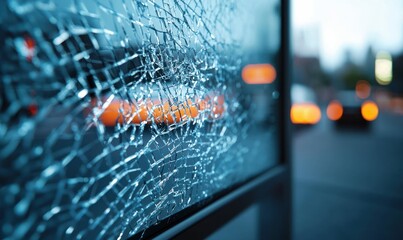 Poster - A shattered window reflects blurry street lights, creating an abstract urban landscape of disruption.