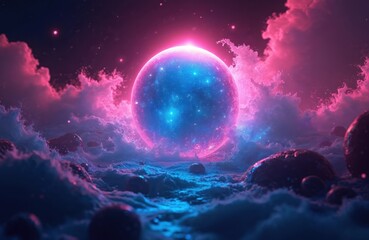 Leinwandbilder - Futuristic neon energy ball with glowing magical waves against dark background. Abstract sphere with bright colors, particles. Magical energy, science fiction, cosmic. Perfect for tech, space,