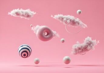 Wall Mural - floating pastel clouds and geometric shapes on pink background