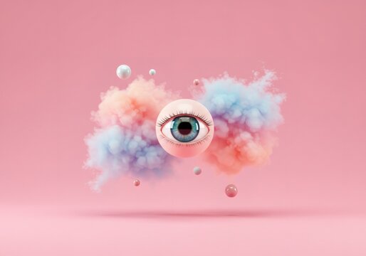 Surreal Pastel Eye in Pink and Blue Clouds