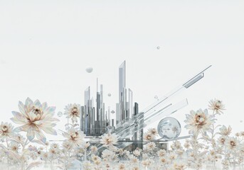 Wall Mural - abstract cityscape with chrome flowers and geometric shapes