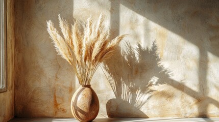 Poster - Sunlight streams through a window, illuminating soft pampas grass arranged in a rustic vase. The warm glow creates intricate shadows on the textured wall, capturing a serene moment