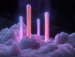 Poster - Abstract Glowing Pillars of Light Emerging from Dreamy Clouds at Night