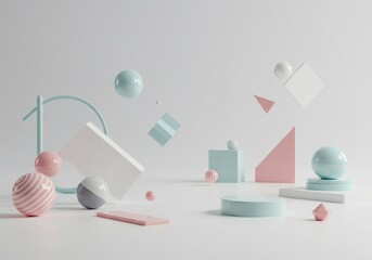 Wall Mural - floating pastel geometric shapes 3d render