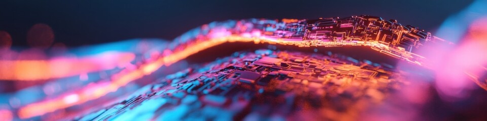 Poster - Cybernetic Flow Immersive Digital Landscape of Neon-Infused Technological Abstraction Revealing Cutting-Edge Visualization and Emergent Media Dynamics