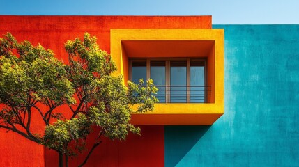 Aufkleber - Bold hues of orange, blue, and yellow create a captivating backdrop for a contemporary building featuring a prominent balcony. A lush tree adds a touch of nature to this vibrant setting