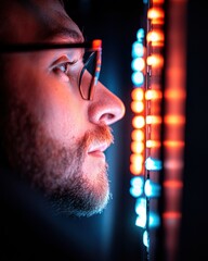Leinwandbilder - Cyberpunk Innovator Immersive Tech Visualization of Digital Professionals Focused Gaze Through Neon-Illuminated Server Lighting - Next-Gen Technological Contemplation