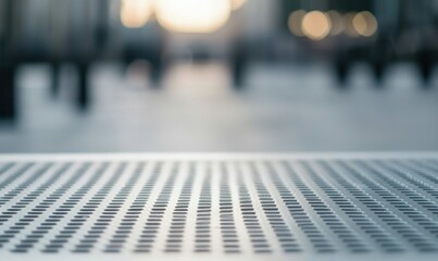 Poster - A close-up of a metal grate reveals a blurred urban scene with sunlight creating soft bokeh.
