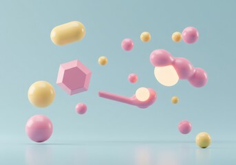 Wall Mural - floating pastel pink and yellow 3d shapes on blue background