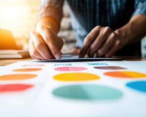 Fototapete - Minimalist Data Visualization Millennial Professional Analyzing Colorful Strategic Charts in Soft-Lit Home Office - Next-Gen Business Intelligence and Creative Analytics