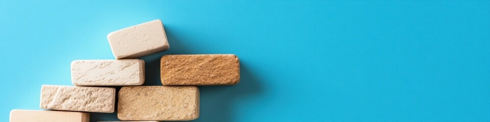 Poster - Minimalist Financial Growth Strategy Stacked Brick Blocks Illustrating Progressive Wealth Building Pathways on Vibrant Blue Economic Landscape