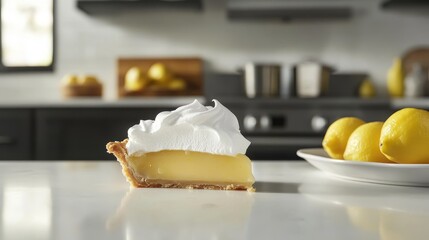 Poster - Slice of lemon meringue pie sits invitingly alongside fresh lemon desserts in a cozy kitchen setting, creating a delightful, homemade atmosphere