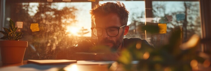 Aufkleber - Golden Hour Productivity Millennial Creative Professional Focused on Strategic Planning in Modern Hybrid Workspace with Natural Light and Tech-Enabled Design
