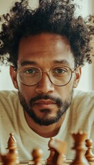 Poster - Mindful Strategy and Intellectual Wellness Gen Z Entrepreneur Explores Vintage Chess Aesthetic with Minimalist Vintage Eyewear - Cognitive Performance and Creative Leadership Insight