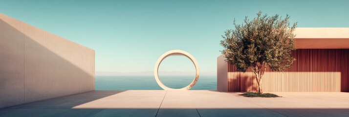Poster - Minimalist Architectural Serenity Zen-Inspired Circular Portal with Olive Tree in Tranquil Coastal Landscape - Contemporary Design Meditation Space