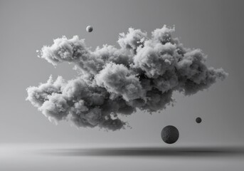 Wall Mural - abstract grey smoke cloud formation with floating spheres